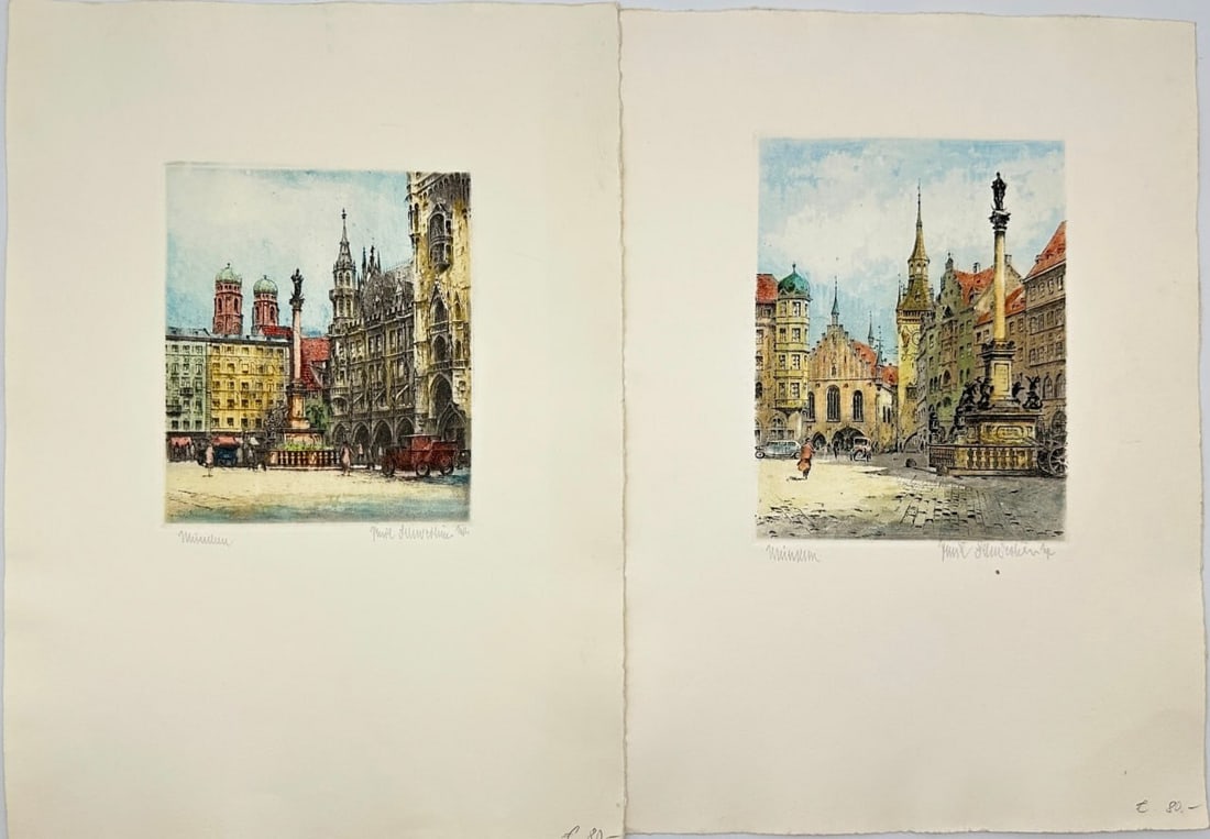 Johann Friedrich Dietrich – Set of 2 Aquatint Etchings – Marienplatz in München – Etching (1 of 3)