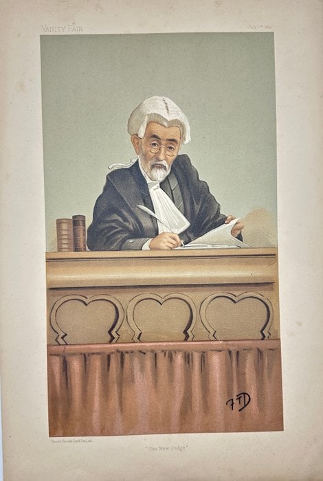 Frederick Dielman "F.D." (1847–1935) – The New Judge – Vanity Fair Chromolithograph (1887): This original Vanity Fair lithograph titled The New Judge was published on July 9, 1887, and depicts a freshly appointed judge seated in solemn concentration, surrounded by the imposing interior of a