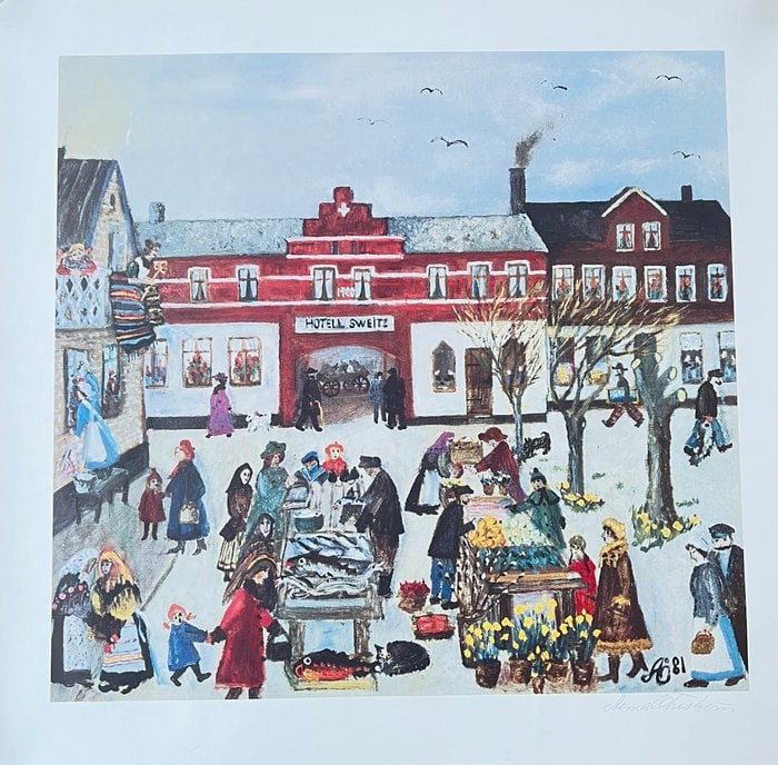 Mona Chesterton – Market Day at Hotell – Large Hand-Signed Color Lithograph (1981) (1 of 5)