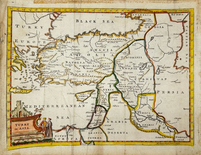 Thomas Jefferys (c. 1719–1771) – Map of the Ottoman Empire’s Asian Territories: This finely detailed 18th-century map by Thomas Jefferys illustrates the Asian provinces of the Ottoman Empire, encompassing key regions of the Middle East. Published in 1754 and enhanced with origina