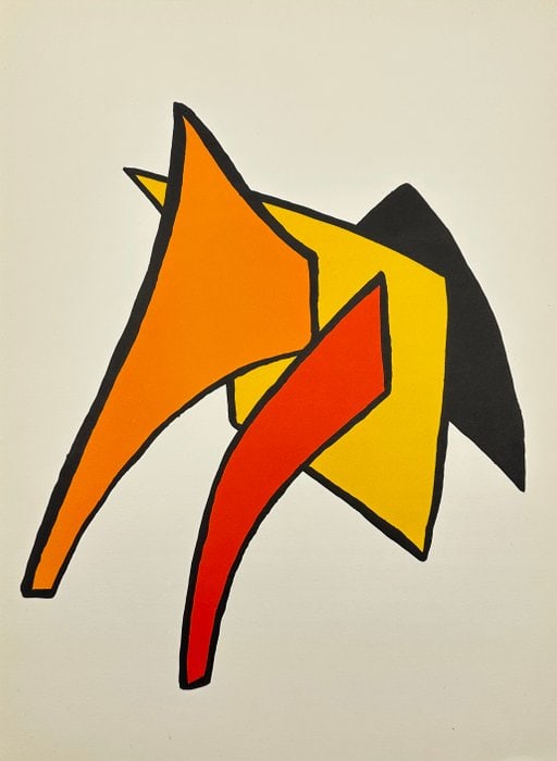 Alexander Calder (1898–1976) – Yellow Moon and Stinging Pig – Colour Lithograph: This original colour lithograph by Alexander Calder was published in 1963 as part of Derrière le miroir No. 141 by Galerie Maeght in Paris. The composition features a bold yellow moon and an abstract