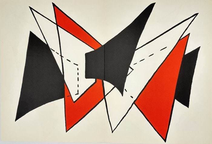 Alexander Calder (1898–1976) – Dynamic Abstraction No. 141 – Original Lithograph: This original lithograph by Alexander Calder was published in 1963 as part of Derrière le miroir No. 141 by Galerie Maeght in Paris. Characterized by bold color fields, geometric elements, and rhythm