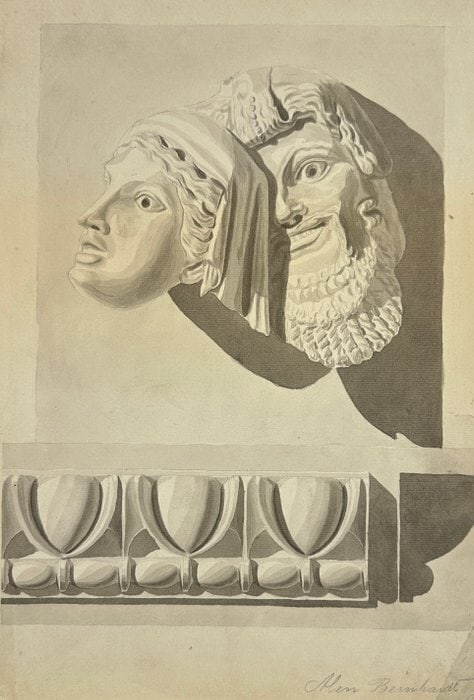 Albertino Bernhard – Ancient Greek Tragic Masks – Hand-Signed Pencil Drawing (1839) (1 of 5)