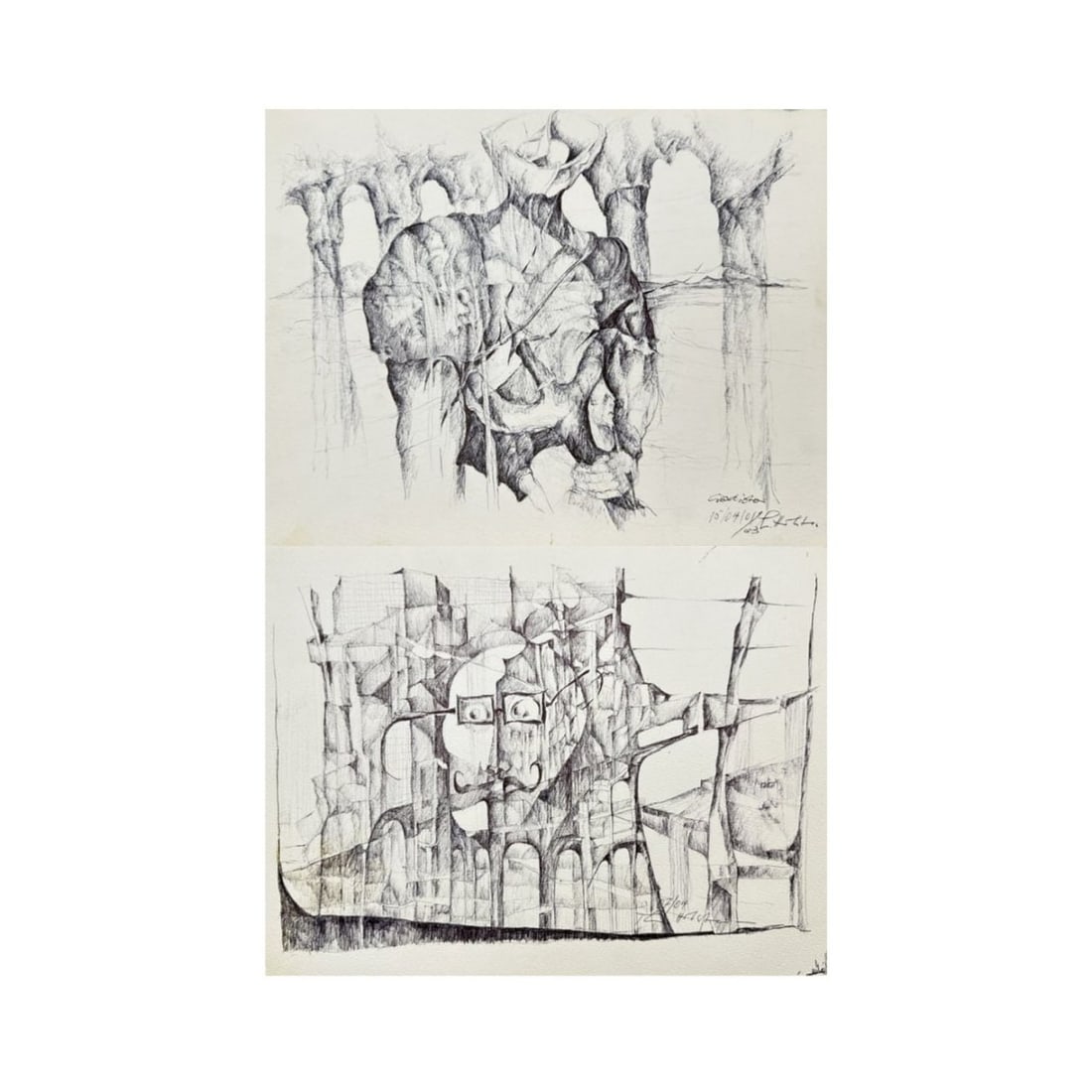 Thomas Holstein – Set of 2 Drawings – Black Pen Portraits and An Abstract Body – Ink on Paper (1 of 5)