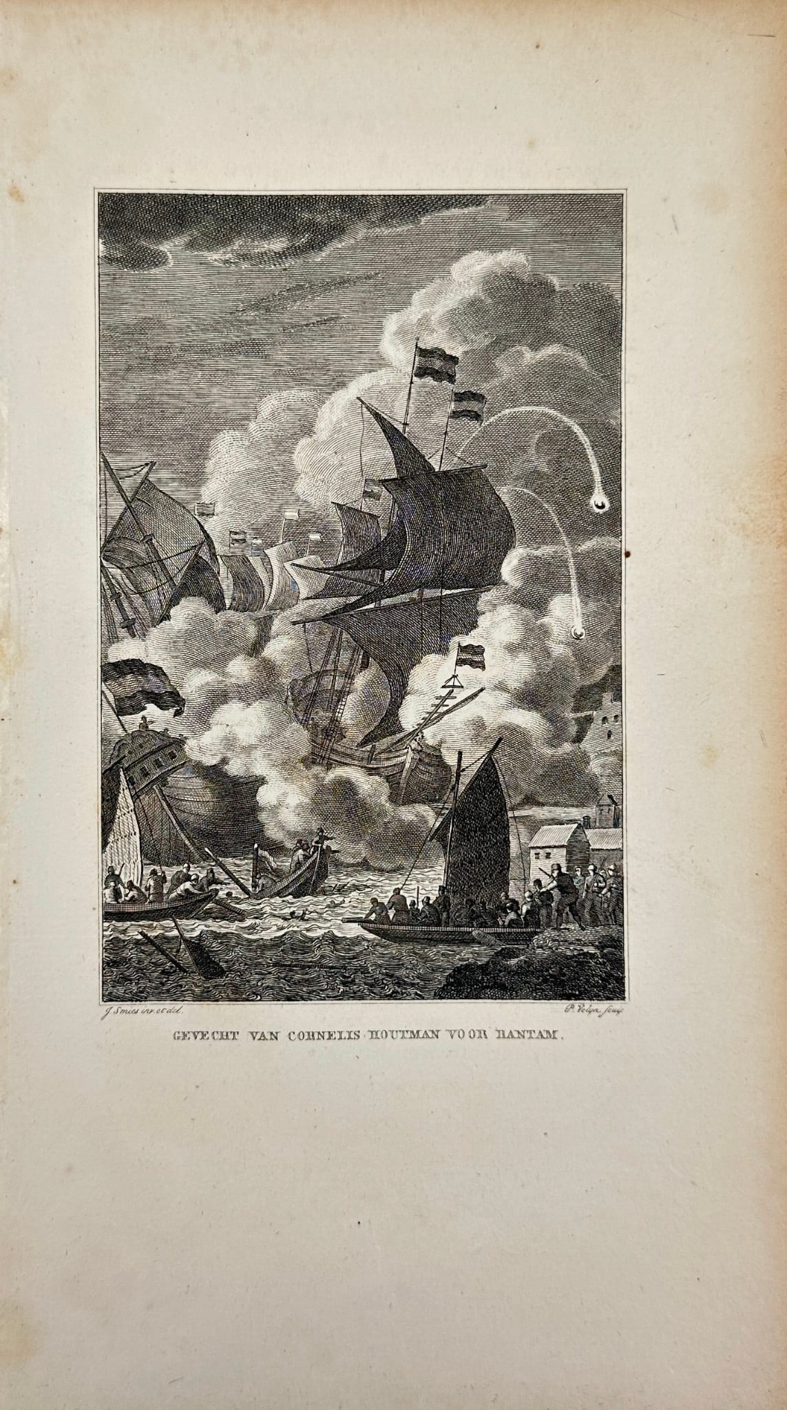 Reinier Vinkeles after Jan Luyken – Naval Battle of Cornelis de Houtman near Bantam – Engraving: This dramatic naval engraving depicts the fleet of Dutch explorer Cornelis de Houtman in battle near Bantam (modern-day Banten, Indonesia) in July 1596. The scene shows cannonballs flying through the
