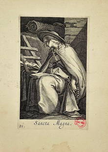 Boetius Adams Bolswert (c.1580–1633) after Abraham Bloemaert – Sancta Magna – Engraving: Plate 21 from the devotional series designed by Abraham Bloemaert, this engraving by Boetius Adams Bolswert depicts St. Magna seated on a rock, gazing to the left while reading from a book resting on
