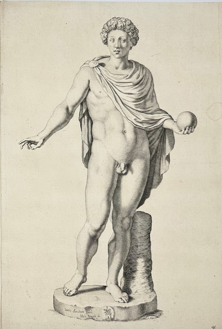 Michel Natalis – Classical Sculptures from the Giustiniani Collection – Engraving: This finely executed engraving reproduces celebrated ancient sculpture from the Giustiniani Collection in Rome. The engraving depicts a youthful Marcus Aurelius, based on Roman statuary, with a globe 