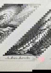 Boetius Adams Bolswert after Abraham Bloemaert- Religious Engraving – Santa María: This fine religious engraving of Santa María, Madre de Dios was executed by Boetius Adams Bolswert after a composition by Abraham Bloemaert. It was published in Antwerp in 1619. The engraving capture