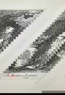 Boetius Adams Bolswert after Abraham Bloemaert – Engraving – S. Macarius Egyptius (1619): This exquisite engraving features Saint Macarius of Egypt, one of the most venerated Desert Fathers, depicted deep in contemplative prayer with a rosary in hand. He is shown seated at the entrance of
