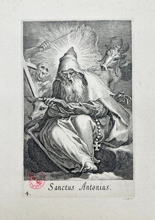 Boetius Adams Bolswert after Abraham Bloemaert – Sanctus Antonius and Female Hermits – Engraving: This antique religious engraving by Boetius Adams Bolswert after a composition by Abraham Bloemaert depicts Sanctus Antonius surrounded by female hermits in a devotional wilderness setting. The engrav