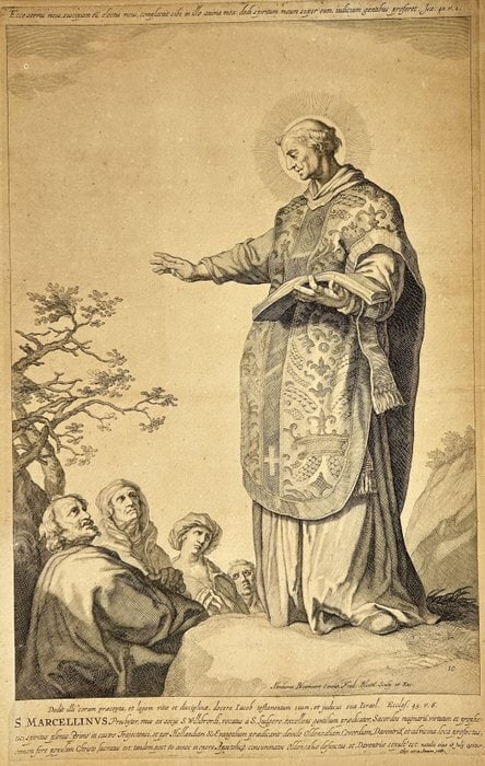 Abraham Bloemaert – St. Marcellinus, Archbishop of Utrecht – Antique Etching (17th Century): This etching after the work of Abraham Bloemaert depicts Saint Marcellinus, Archbishop of Utrecht, portrayed in a grand and authoritative pose. He is shown standing before a gathering of figures, hold