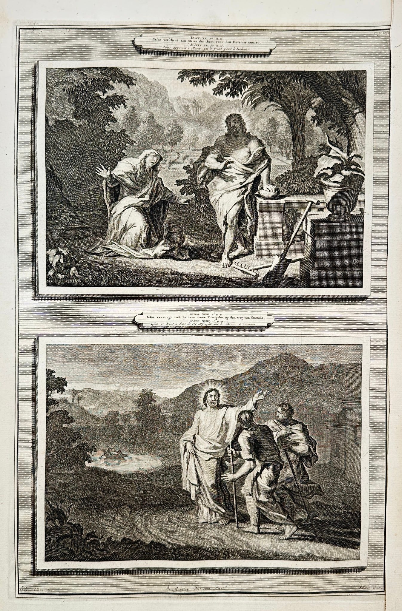 Pierre Mortier – Jesus Appears to Mary & Road to Emmaus – Engraving (Early 18th C.) (1 of 2)
