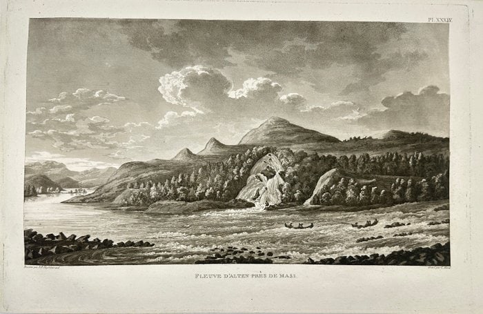 Anders Fredrik Skjöldebrand – Fleuve d'Alten près de Masi – Neoclassical Landscape Engraving: This early 19th-century engraving, titled "Fleuve d'Alten près de Masi" ("The Alta River near Masi"), was created by Anders Fredrik Skjöldebrand between 1799 and 1802, with prints made in 1801 or 18