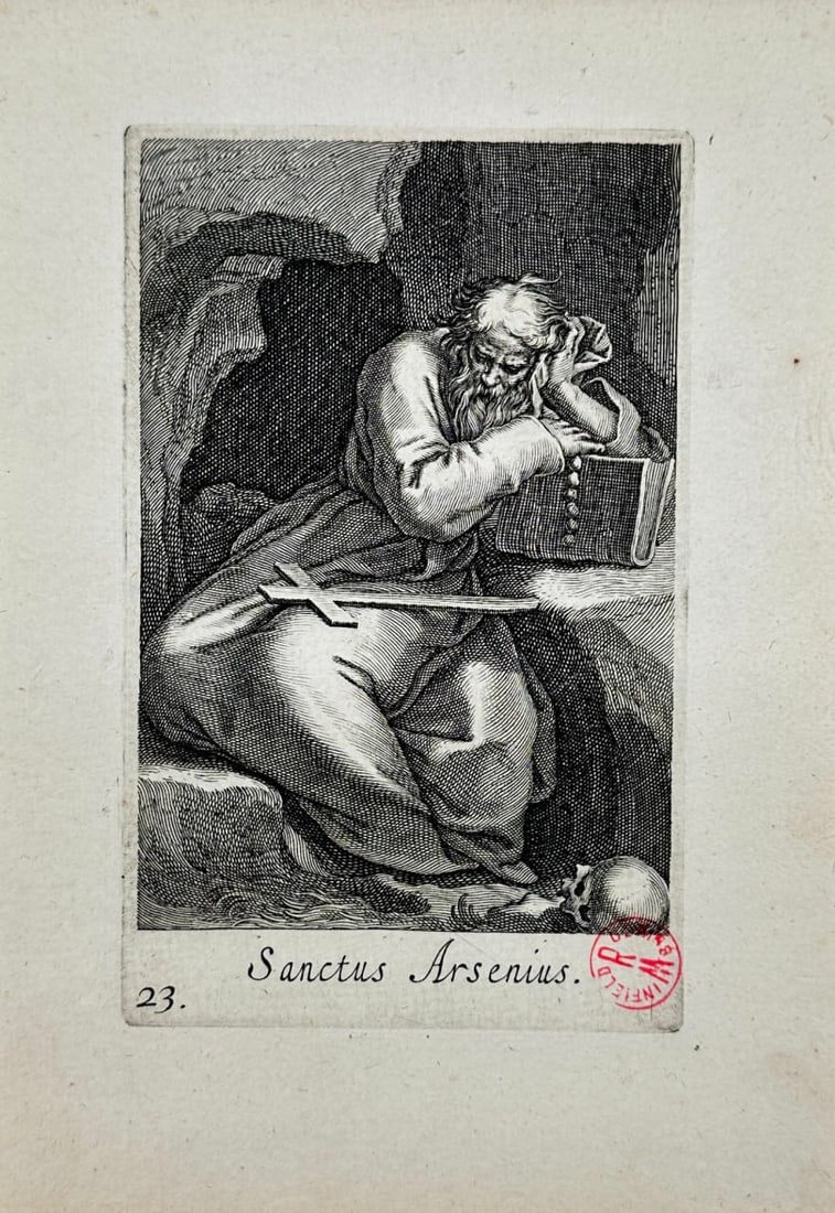 Boetius Adams Bolswert – Saint Arsenius the Great – Engraving (1619): Rare engraving originates from the series Sacra Eremus Ascetriarum by Boetius Adams Bolswert after Abraham Bloemaert, published in Antwerp in 1619. This piece is part of a larger collection that refle