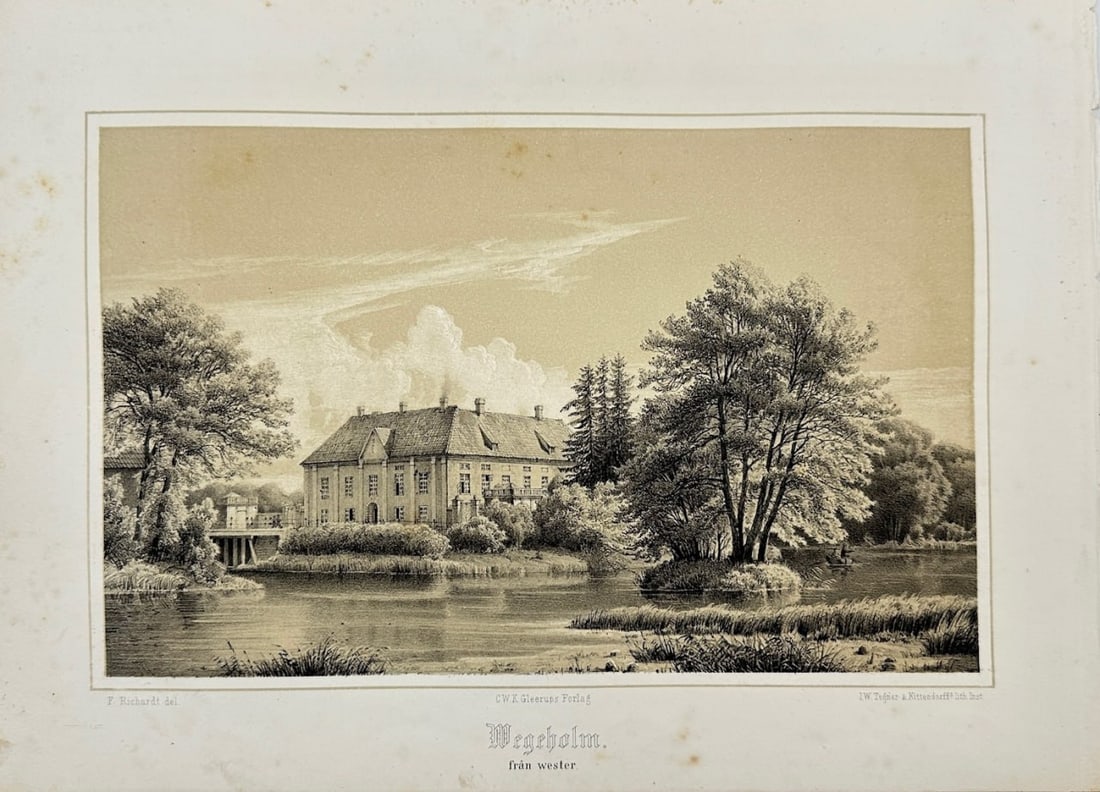 Ferdinand Richardt – Wegeholm. From the West – Chromolithograph (1863): This chromolithograph is from Ferdinand Richardt's book Skånska Herregårdar (Scanian Manors), published in Sweden in 1863. Ferdinand Richardt (1819–1895) was a Danish-American artist known for his