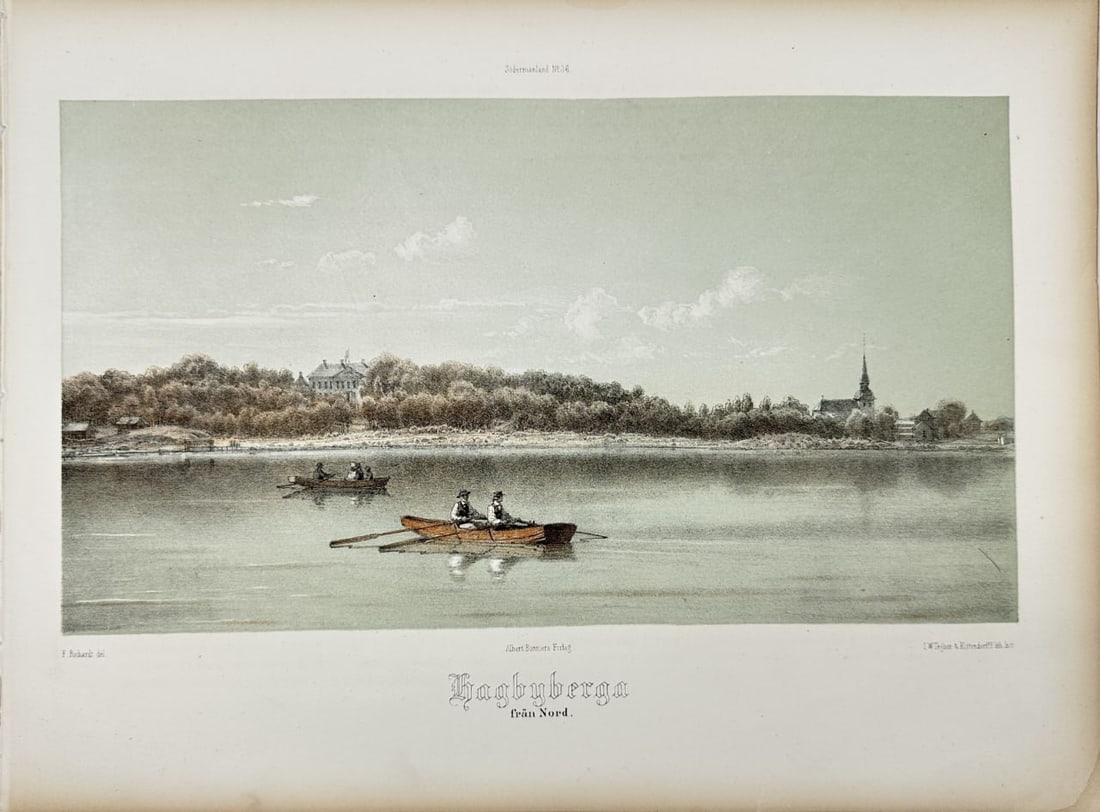 Ferdinand Richardt – Hagbyberga From the North – Chromolithograph (1869): This chromolithography is from Ferdinand Richardt's work Herregårdar uti Södermanland (Manors in Södermanland). The work was published by Albert Bonniers Förlag in Köpenhamn in 1869. Ferdinand Ri
