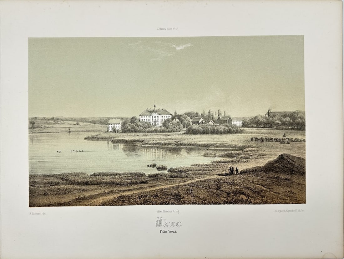 Ferdinand Richardt – Ökna Säteri Floda – Chromolithograph (1869): This chromolithography is from Ferdinand Richardt's work Herregårdar uti Södermanland (Manors in Södermanland). The work was published by Albert Bonniers Förlag in Köpenhamn in 1869. Ferdinand Ri