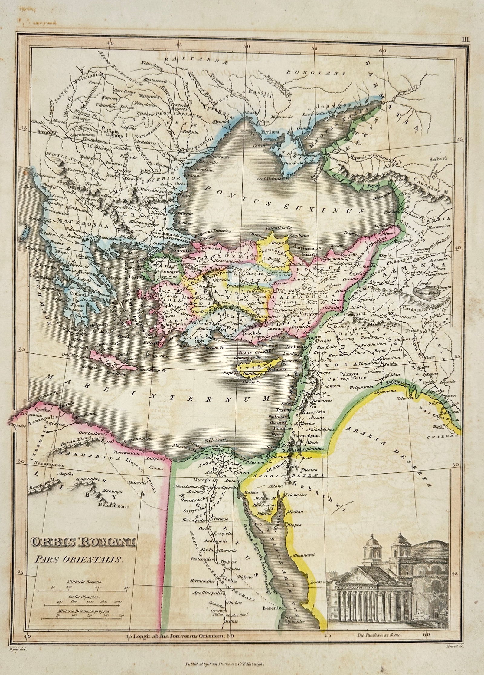 John Thomson – Map of the Eastern Roman Empire / Orbis Romani Pars Orientalis – Hand-Colored: This antique map titled "Orbis Romani Pars Orientalis" depicts the eastern territories of the Roman Empire, spanning the Balkans, Asia Minor, the Levant, and northeastern Africa, including the Mediter