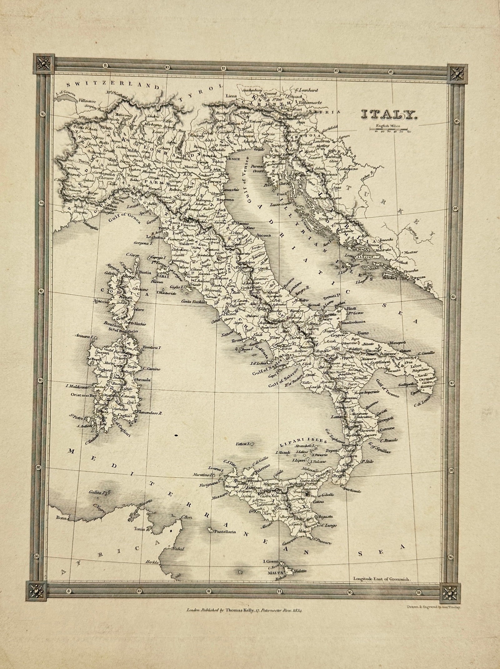 Thomas Kelly – Map of Italy – Engraving (Mid-19th Century) (1 of 2)