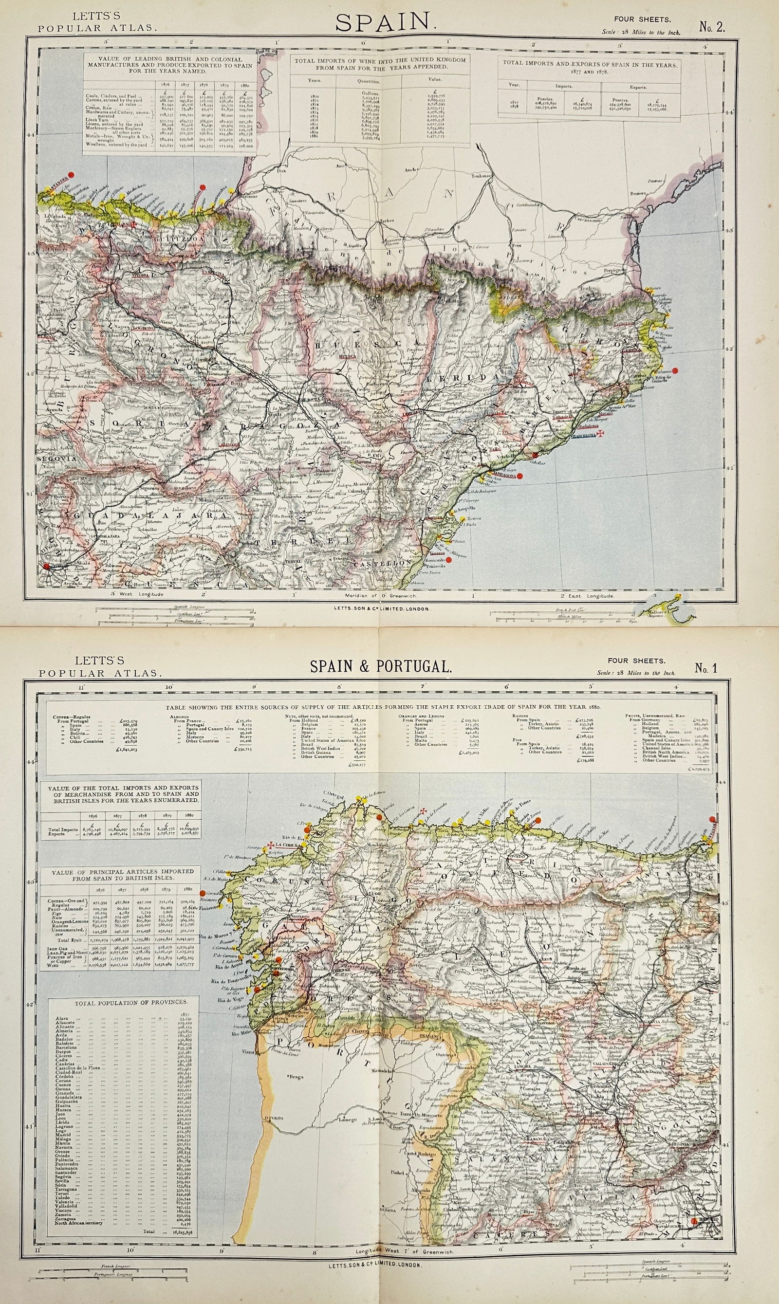 Letts & Co. – Set of 2 Maps – Spain and Portugal (Sheets 1 & 2) – Hand-Coloured Engravings (1 of 2)