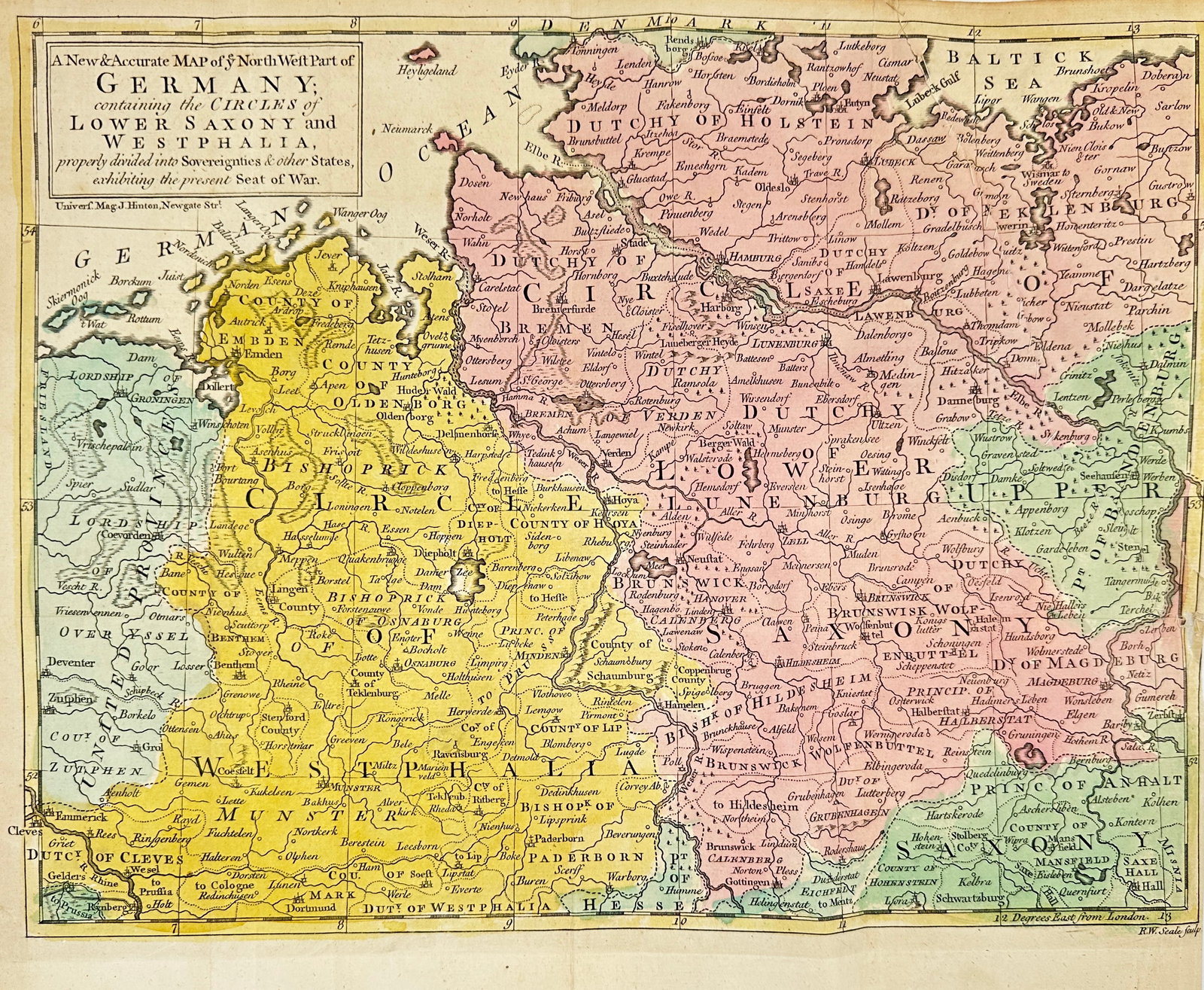John Hinton – Map of North-West Germany: Lower Saxony and Westphalia – Hand-Coloured Engraving (1 of 2)