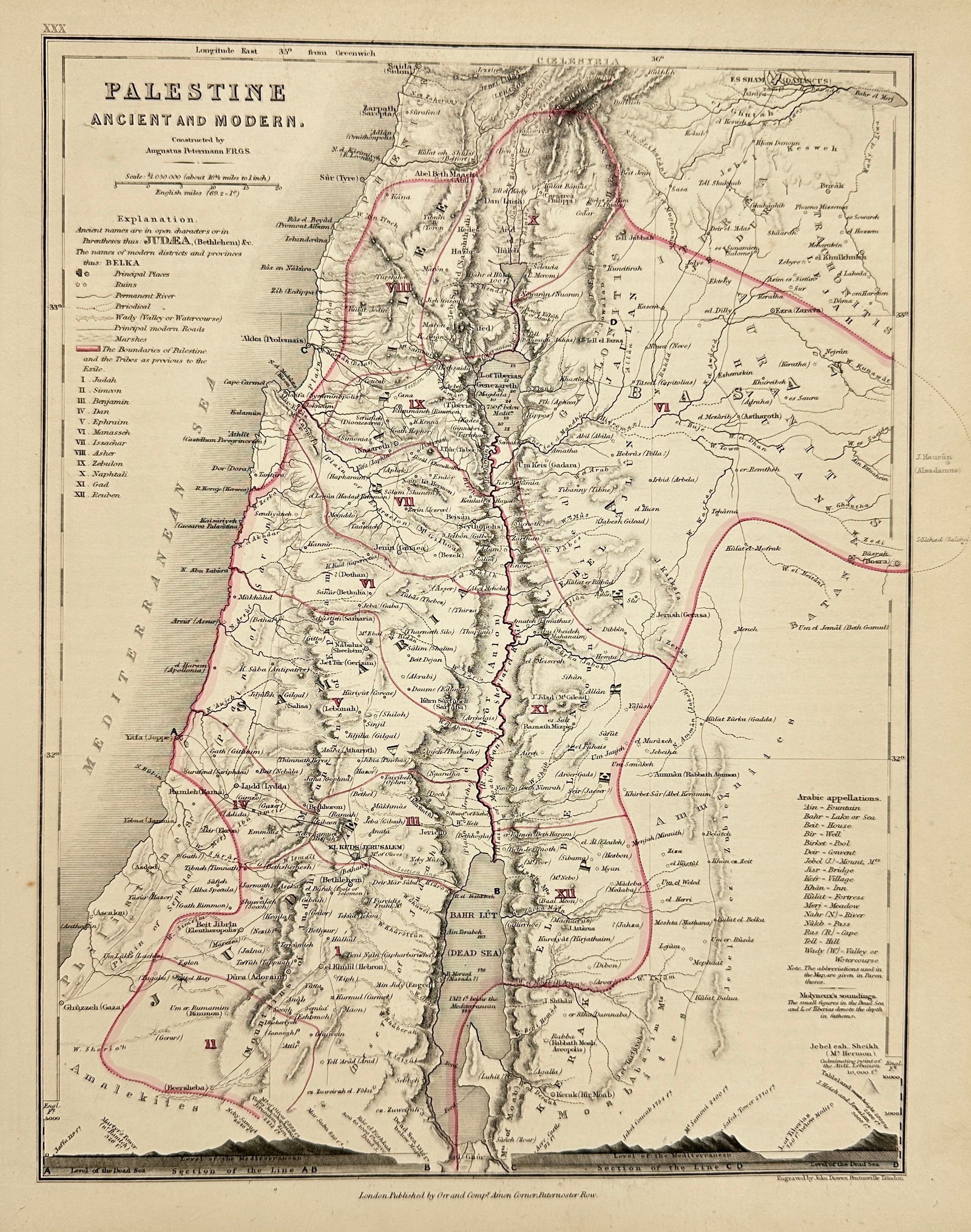 Augustus Petermann – Map of Palestine Ancient and Modern – Engraving (Mid-19th Century) (1 of 2)