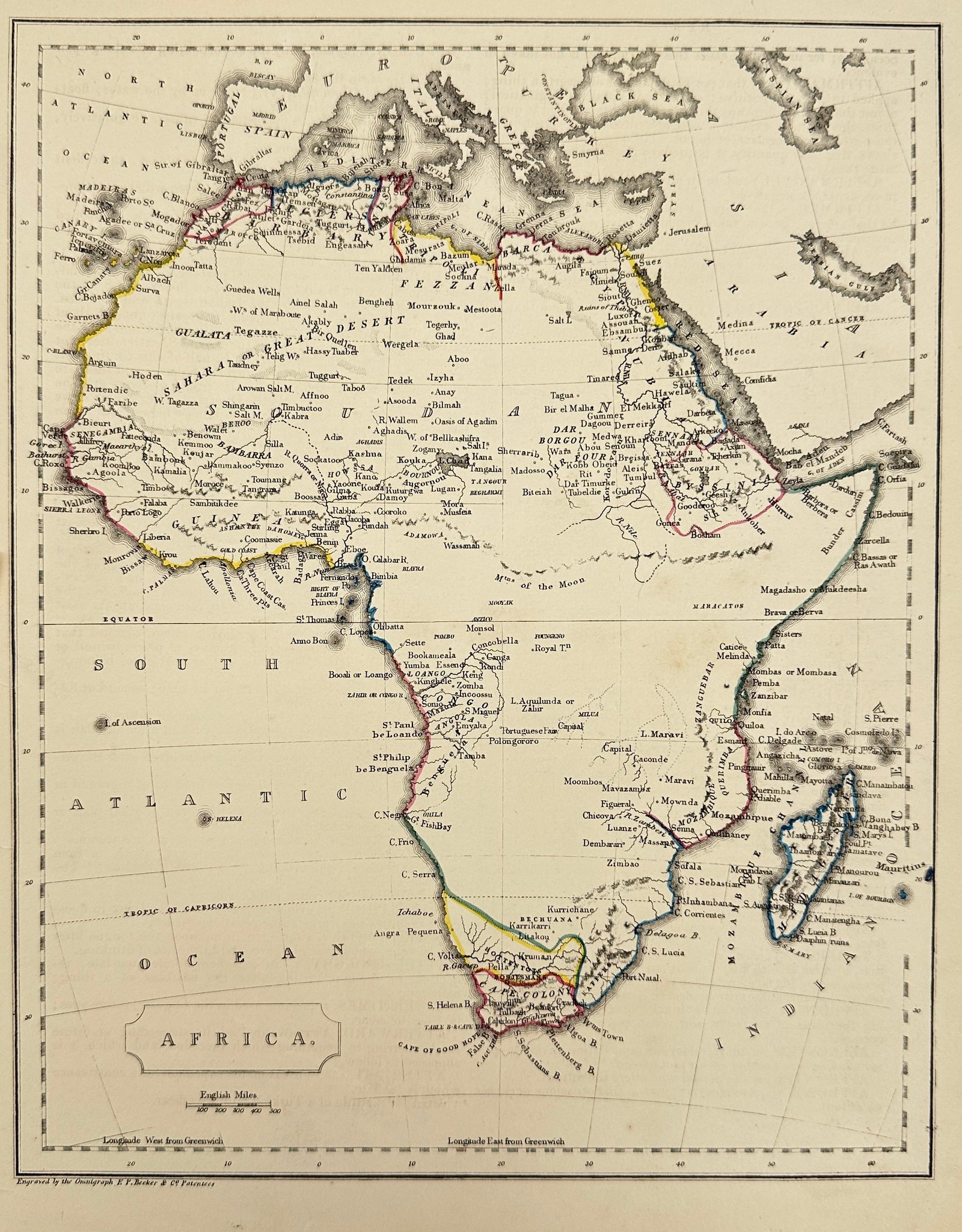 Francis Paul Becker – Map of Africa – Hand-Coloured Engraving (Mid-19th Century): Detailed map of the African continent showing colonial boundaries, principal cities, rivers, deserts, and coastal settlements as understood in the mid-19th century. The geography reflects European exp