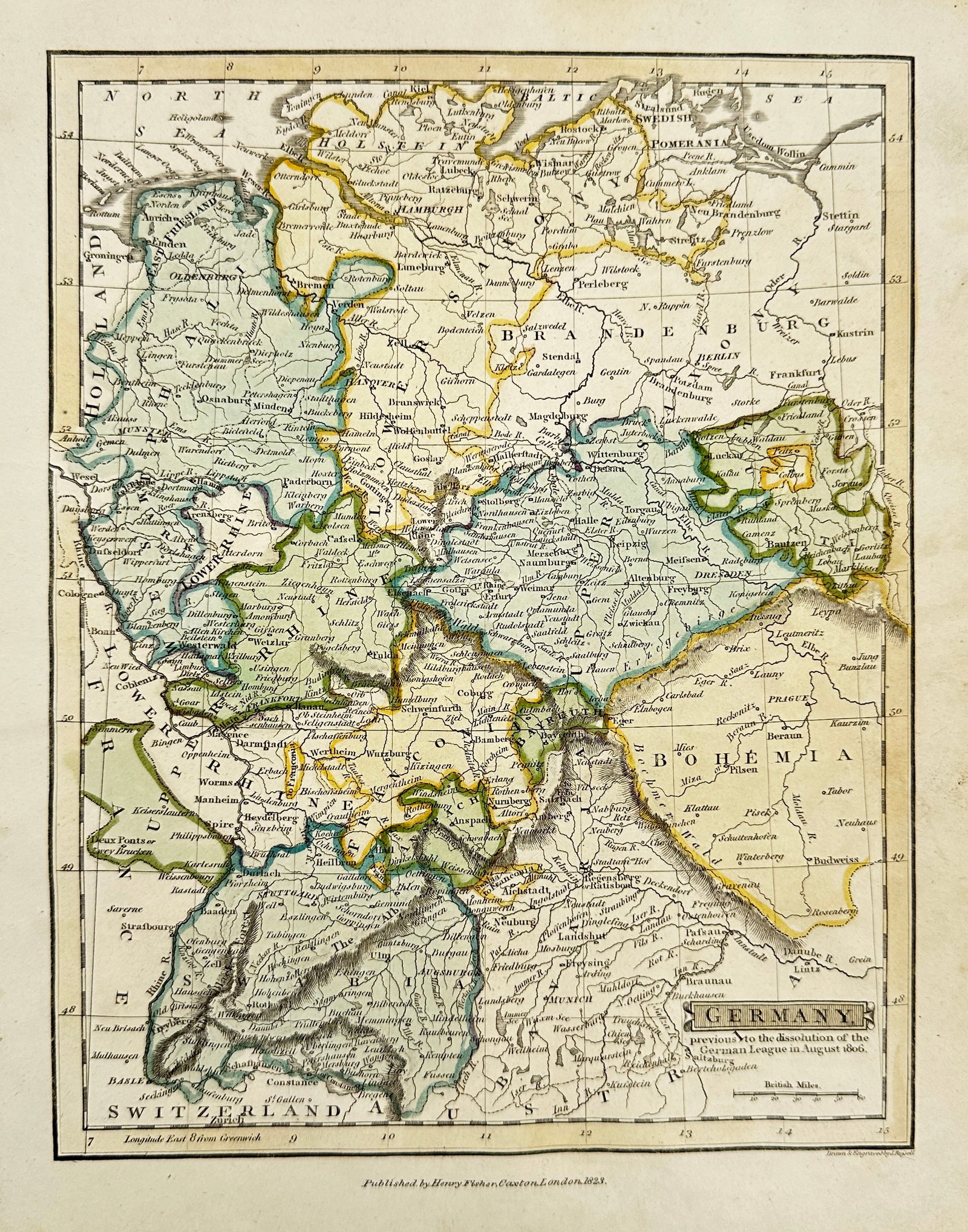 Henry Fisher – Map of Germany prior to the Dissolution of the Germanic League: This historical map of Germany shows the political divisions before the dissolution of the Germanic League in August 1806. It highlights the states, principalities, and borders as they existed in the 