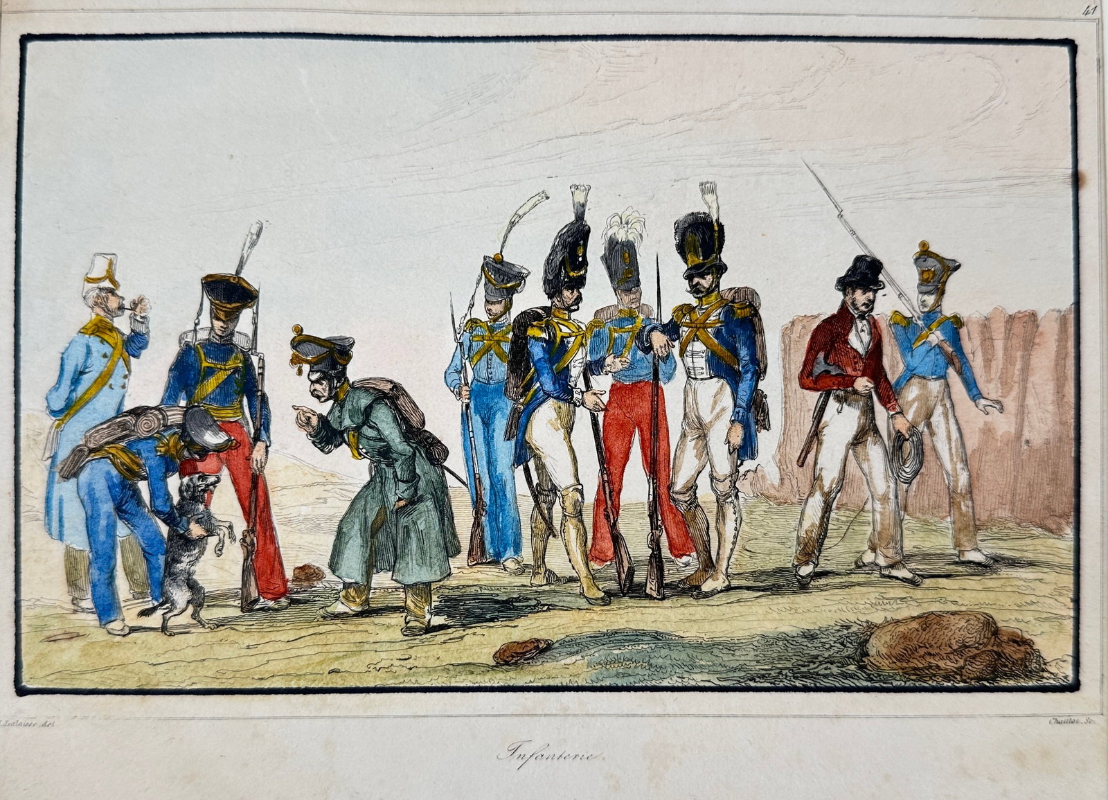 Horace Vernet (1789–1863) – Infantrymen in Parade Uniforms – Hand-Colored Lithograph: This hand-colored lithograph by Horace Vernet depicts a lively scene of infantrymen in richly detailed military uniforms, likely from the Napoleonic or Restoration era. The composition captures a vari