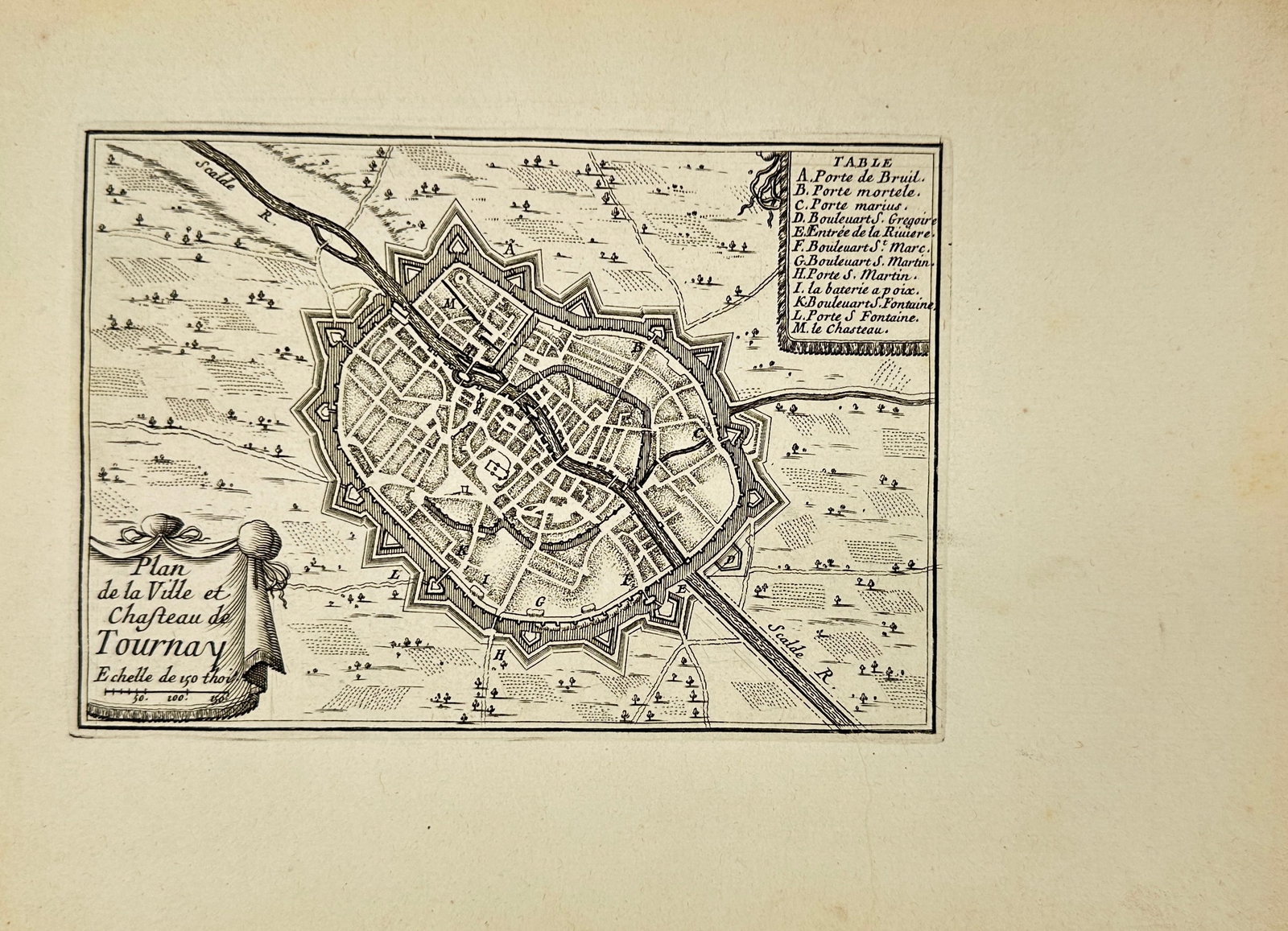 Adam Perelle (1640–1695) – Plan de la Ville et Chateau de Tournay – Early 18th Century Town: This antique engraving shows a detailed fortified town plan of Tournay, featuring streets, defensive walls, and waterways typical of early 18th-century cartography. The print highlights the strategic 