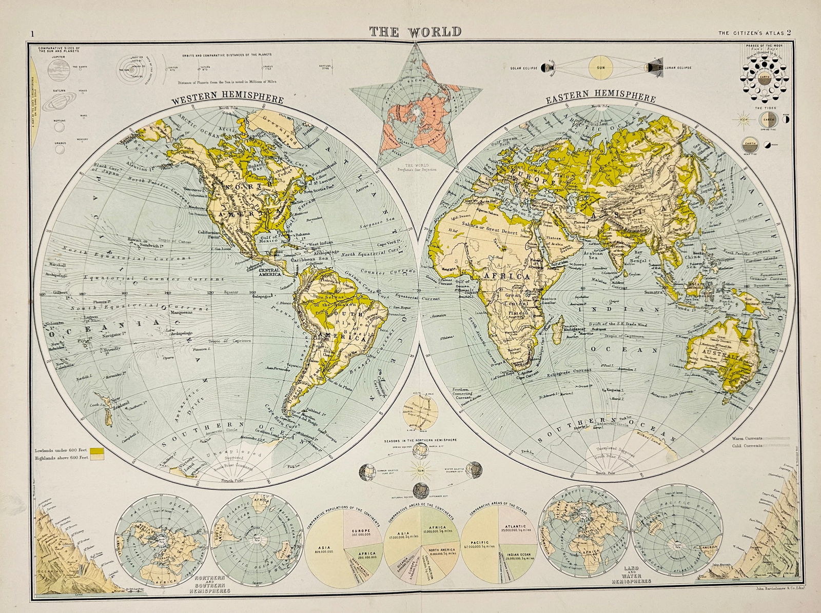 John Bartholomew – Map of the World – Hemispheric Projections from The Citizen’s Atlas (1 of 2)