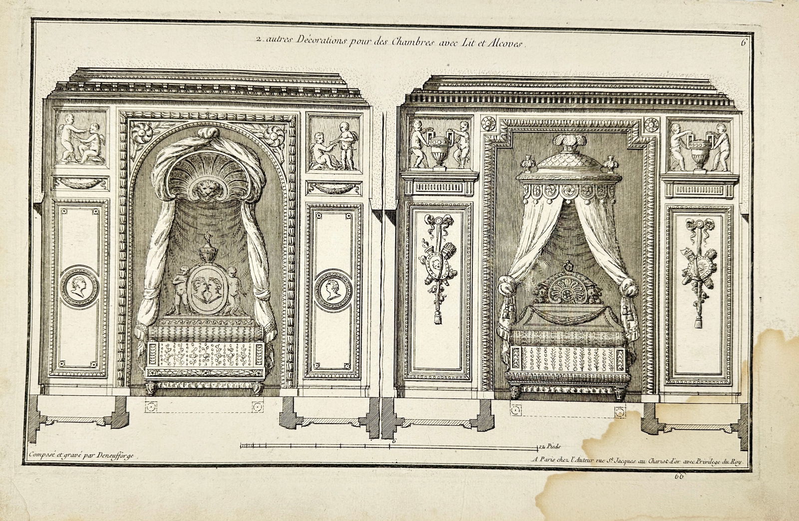 Jacques au Charlot – Architectural Engraving – Decorative Bedroom Wall Designs with Alcove Beds (1 of 2)