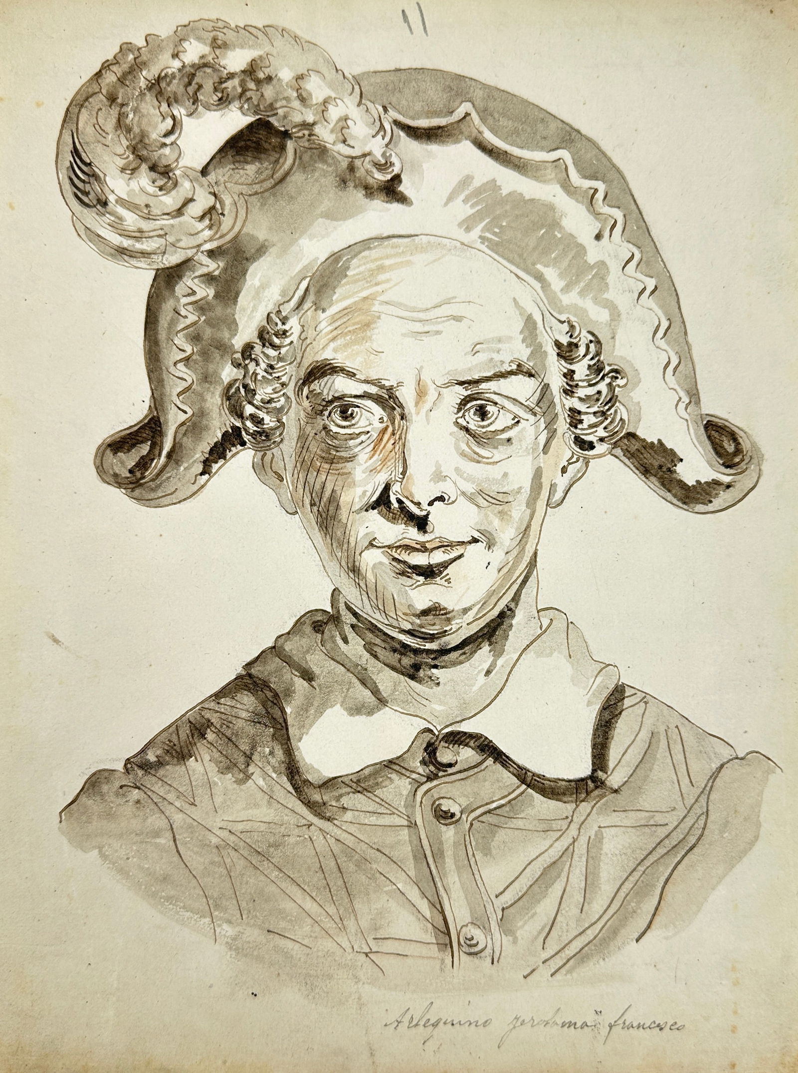 European School – Ink Drawing – French Theatre Actor in Feathered Tricorn Hat (18th Century) (1 of 2)