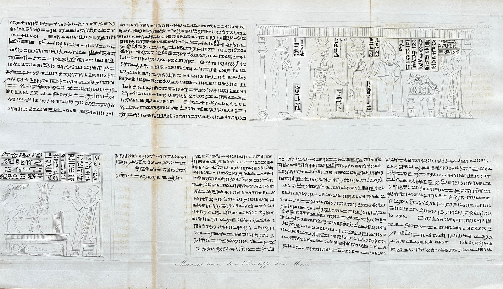 Dominique Vivant Denon – Egyptian Hieroglyphic Tablet – Temple Relief with Deities and Sacred: This monumental engraving is from Voyage dans la Basse et la Haute Égypte by Dominique Vivant Denon, created during Napoleon’s expedition and published in the early 19th century. It reproduces a va