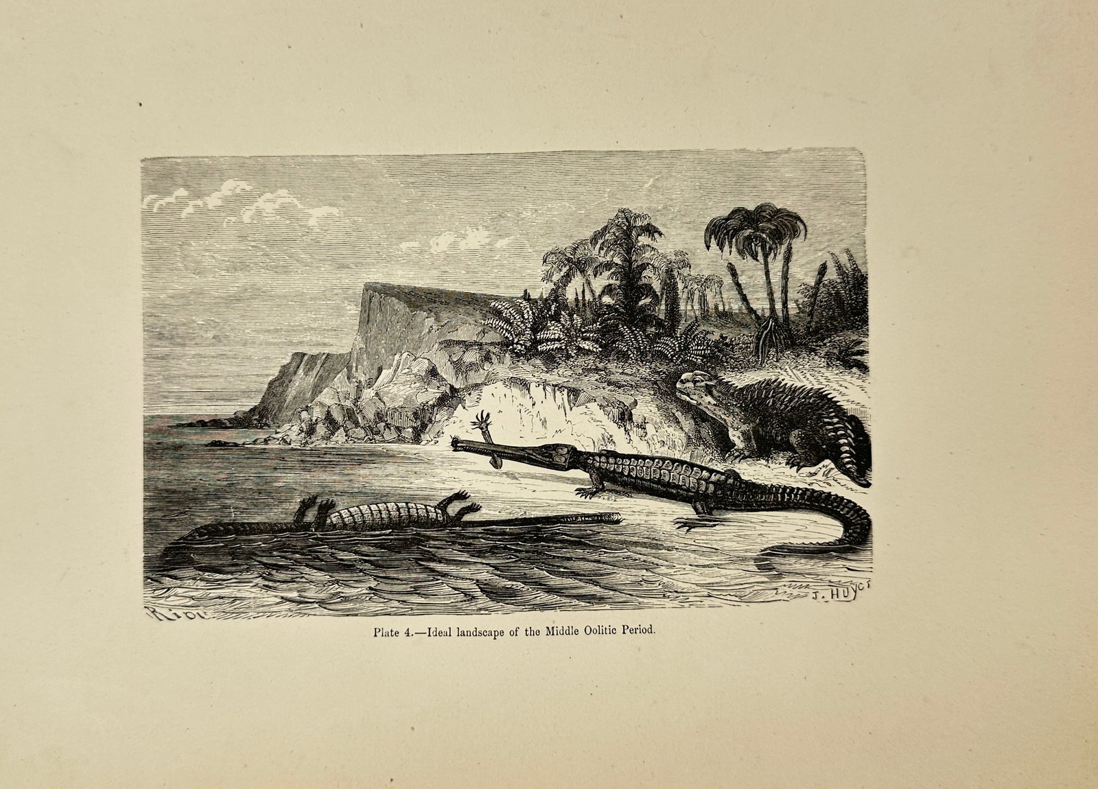 Édouard Riou & J. Huyst – Ideal Landscape of the Middle Oolitic Period – Engraving: This engraving presents a speculative view of life during the Middle Oolitic period, featuring ancient reptiles and marine life set against a dramatic coastal backdrop with cliffs and primeval vegetat