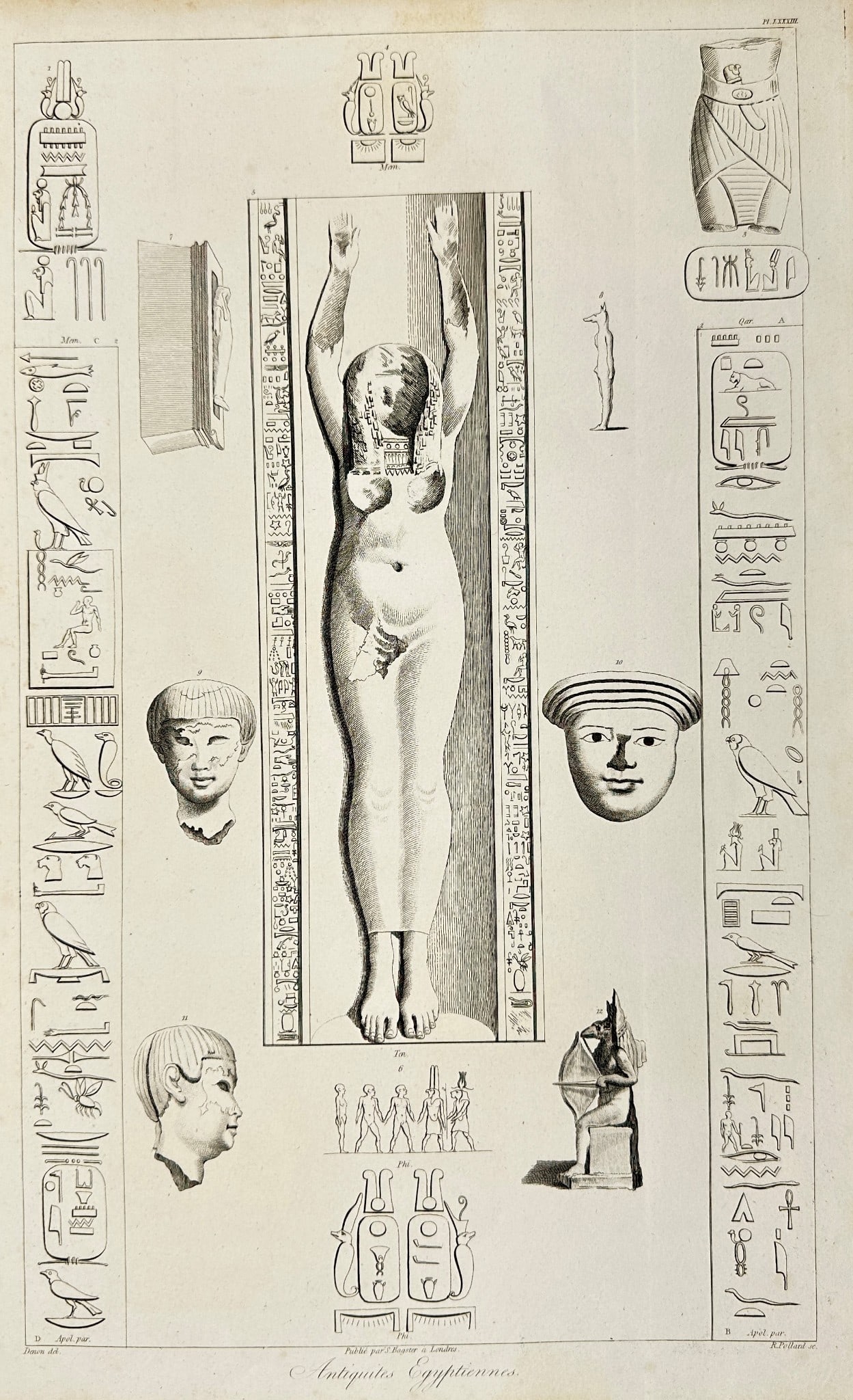 Dominique Vivant Denon – Antiquités Égyptiennes – Engraving: This original antique engraving is from Dominique Vivant Denon’s Voyage dans la Basse et la Haute Égypte, pendant les campagnes de Bonaparte, published by Samuel Bagster in London in 1809. The work