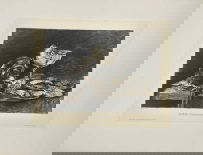 Willem Claesz Heda – Still Life with Nautilus Cup and Silverware – Etching by P. Halm: This richly detailed etching depicts a breakfast still life after the 17th-century Dutch master Willem Claesz Heda, known for his monochromatic banquet pieces and mastery of light and texture. The ima