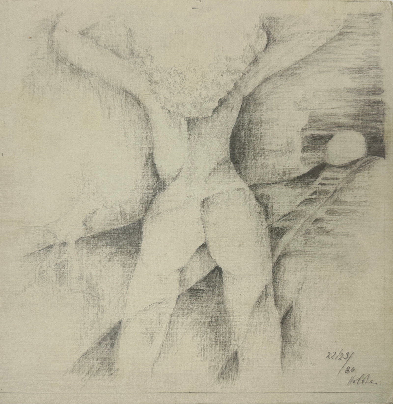 Unknown artist – Abstract Nude Study with Tunnel – Pencil Drawing: This expressive pencil drawing presents a stylized and abstracted view of a nude figure from behind, arms raised, standing before what appears to be a symbolic tunnel or opening. The composition blend