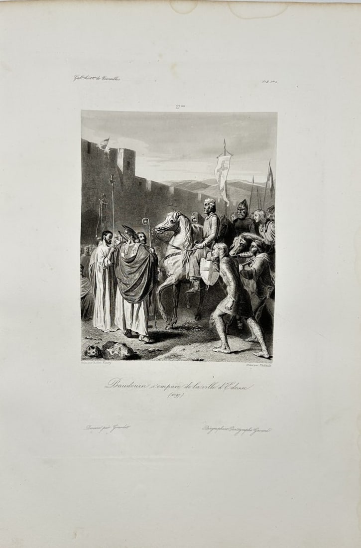 Georges Rouger – Antique Print – Death of Saint Louis - Tunis during the Crusade: This antique engraving is from Charles Gavard’s Galeries historiques de Versailles, Serie II, De Clovis-1643, published in Paris between 1838 and 1849. It depicts the death of Saint Louis in Tunis d