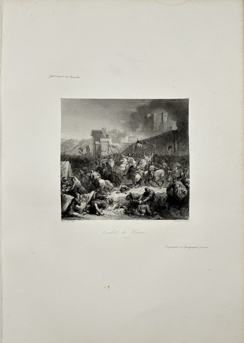 Julian Michel Gue – Antique Print – Battle of Harenc Harim Syria – Crusader Forces: This antique engraving is from Charles Gavard’s Galeries historiques de Versailles, Serie II, De Clovis-1643, published in Paris between 1838 and 1849. It depicts the Battle of Harenc near Harim, Sy