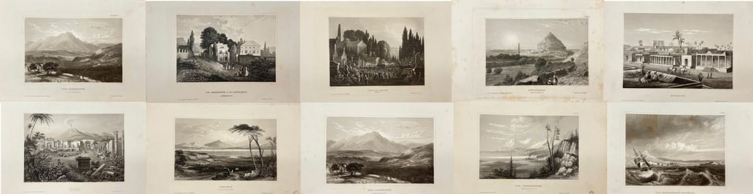 Karl Reiss – Set of 10 Antique Views – Greece, France, Italy, India, Libya, Dardanelles –: This set features ten finely detailed lithographic views by the 19th-century German artist Karl Reiss, celebrated for his romantic and accurate depictions of historic landscapes and cultural landmarks