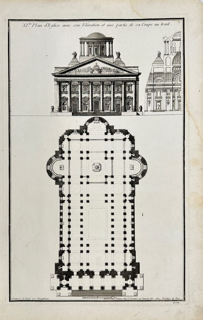 Jean-François de Neufforge – Antique Print – Plan of the Church – France (1770): This antique architectural engraving is from Jean-François de Neufforge’s Recueil Élémentaire d’Architecture, published in Paris in 1770. The print illustrates a detailed plan of a church, incl