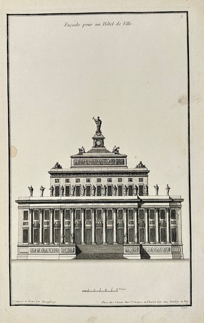 Jean-François de Neufforge – Antique Architectural Print – Façade for a Town Hall – France: This antique architectural engraving is from Jean-François de Neufforge’s Recueil Élémentaire d’Architecture, published in Paris in 1770. The print depicts a façade design for a town hall, dem
