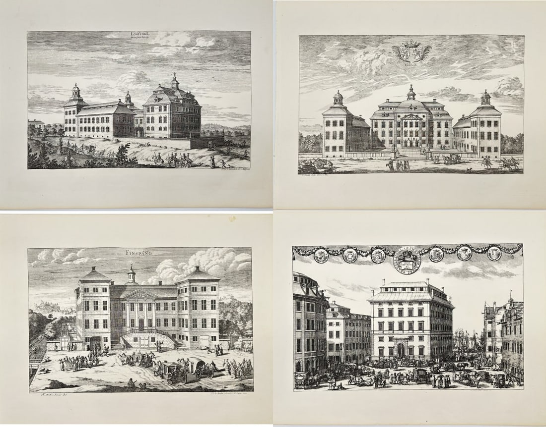 Erik Dahlberg – Set of 4 Lithographic Prints – View of Löfstad Slott, View of Finspång Castle: This beautiful set features four lithographic prints from Erik Dahlberg’s Suecia antiqua et hodierna (Ancient and Modern Sweden), published in Stockholm in 1856. The prints depict Löfstad Slott in 