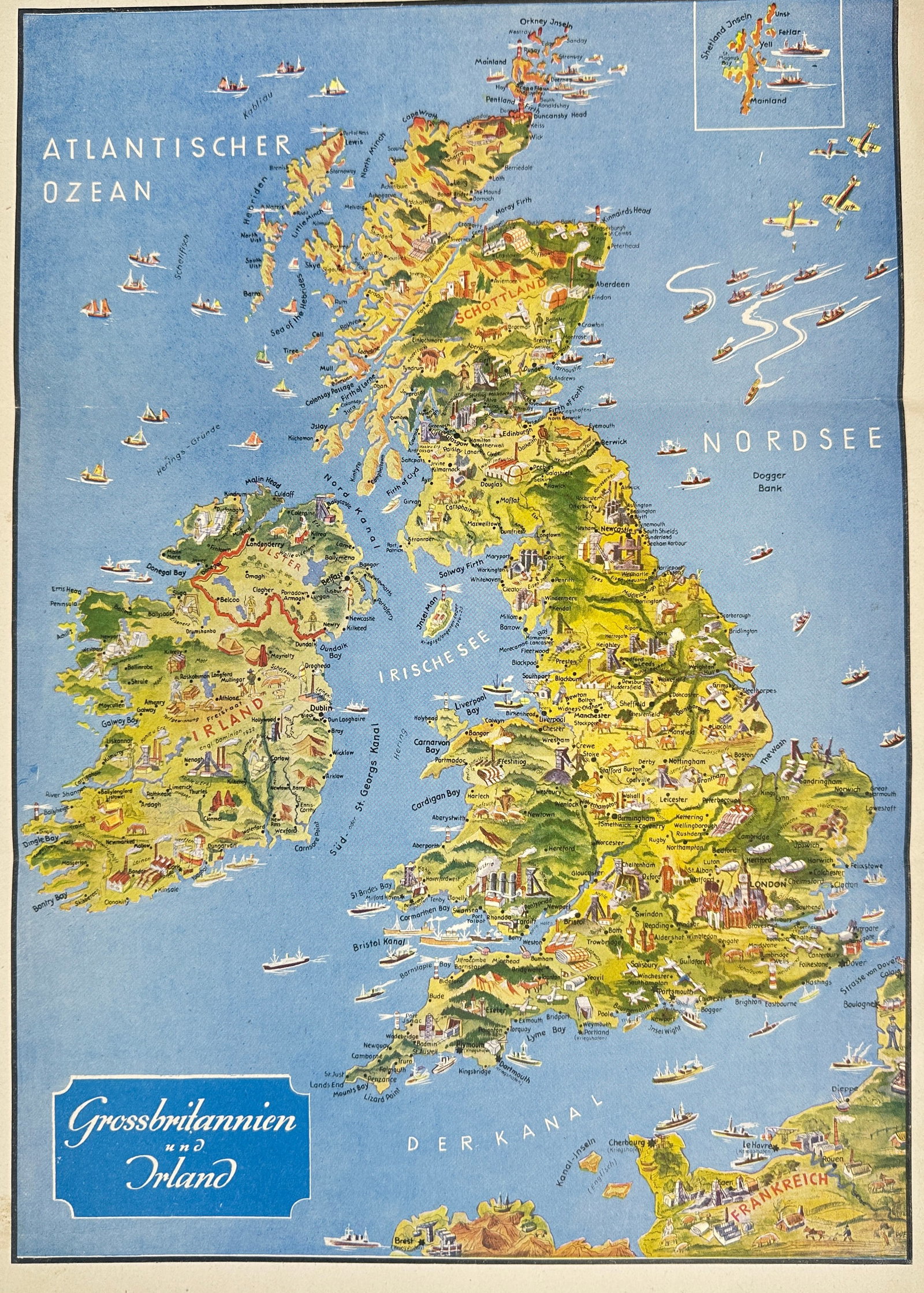 Grossbritannien und Irland – Illustrated– British Isles, North Sea, Atlantic Ocean: This colorful illustrated map depicts Great Britain and Ireland, highlighting geographical features, cities, and landmarks. Labeled in German, it includes surrounding waters such as the Atlantic Ocean