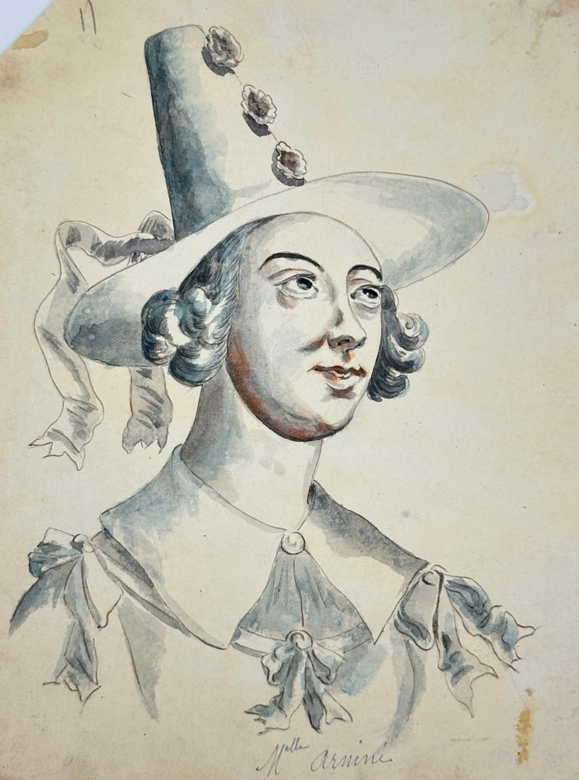 European School – Portrait of a Woman in Theatrical Costume (Mlle Armine): This 19th-century portrait features a woman identified as “Mlle Armine,” dressed in an ornate theatrical or ceremonial outfit. She wears a tall headdress adorned with flowers and trailing ribb