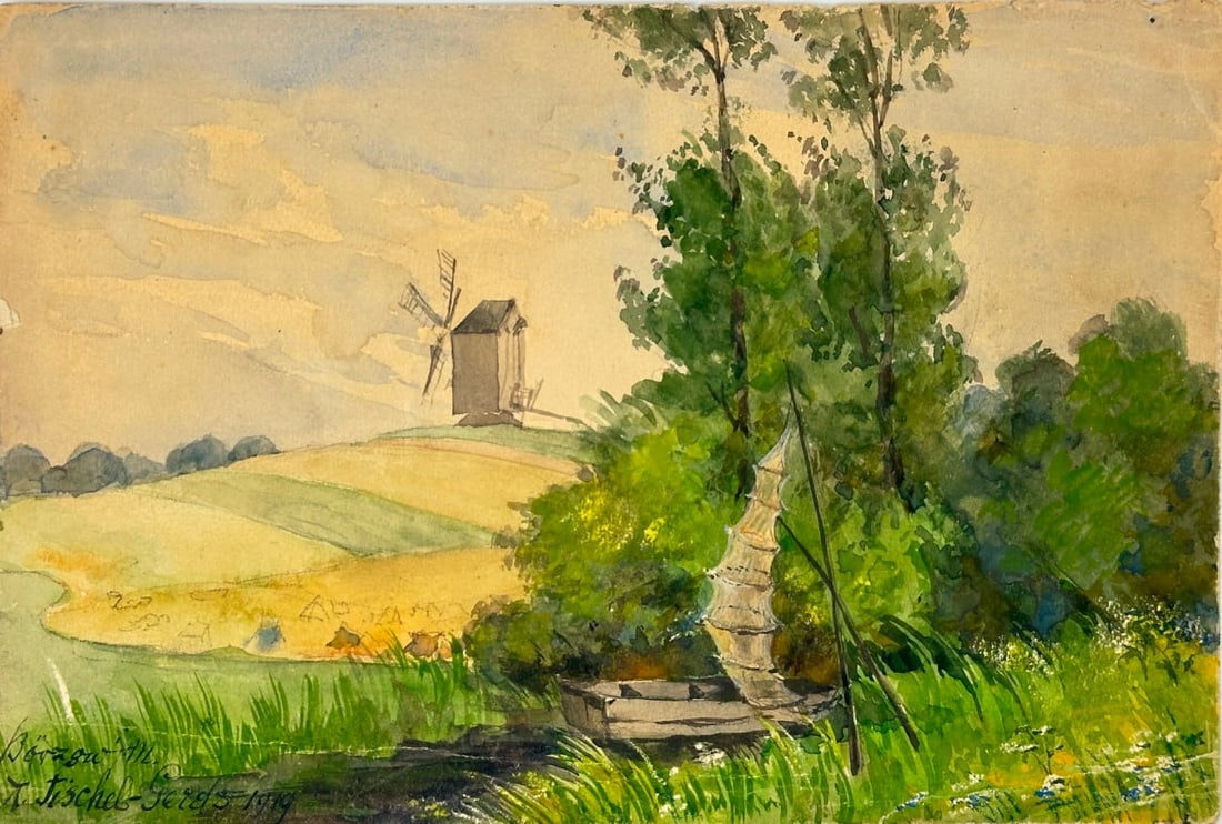 Arnold Fischel-Gerecz – Windmill and Riverboat in Summer Landscape: This signed and dated 1919 watercolor by Arnold Fischel-Gerecz, inscribed “Börzsöny 1919” and “A. Fischel-Gerecz,” depicts a tranquil rural scene likely located in the Börzsöny mou