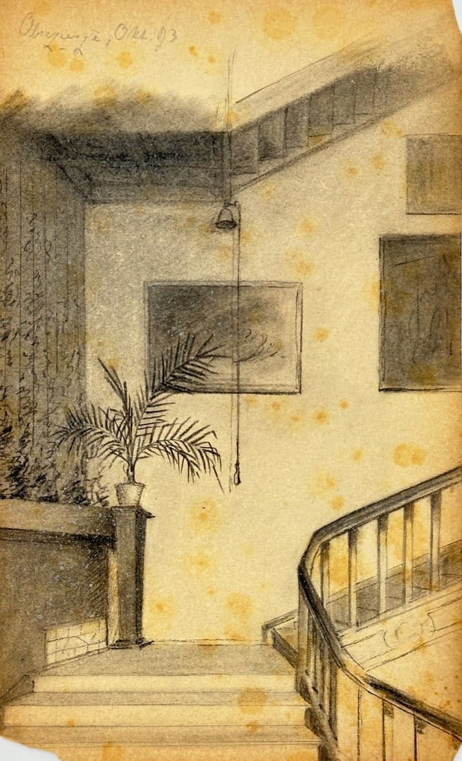 Unknown – Interior Staircase with Palm – Charcoal and Graphite Drawing (1 of 3)