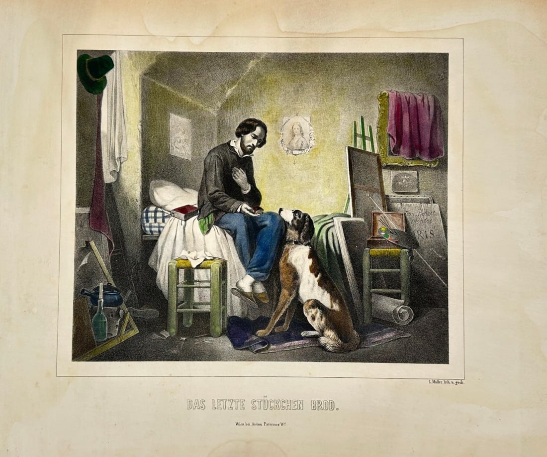 L. Müller – Das letzte Stückchen Brod (The Last Piece of Bread) – Colored Lithograph (1 of 3)