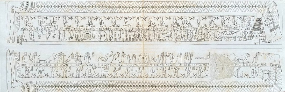 Dominique Vivant Denon – Sarcophagus Decorations and Hieroglyphic Frieze – Engraving: This large-format engraving by Dominique Vivant Denon presents the elaborate interior decoration of an ancient Egyptian sarcophagus, densely covered with hieroglyphics, ritual scenes, and symbolic ima